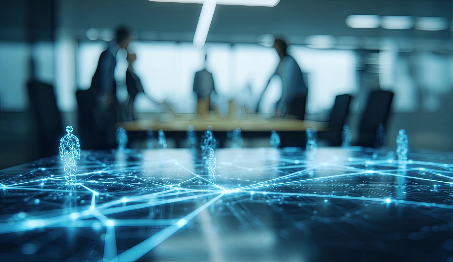A leadership team in a boardroom, with a network of glowing figures across the table