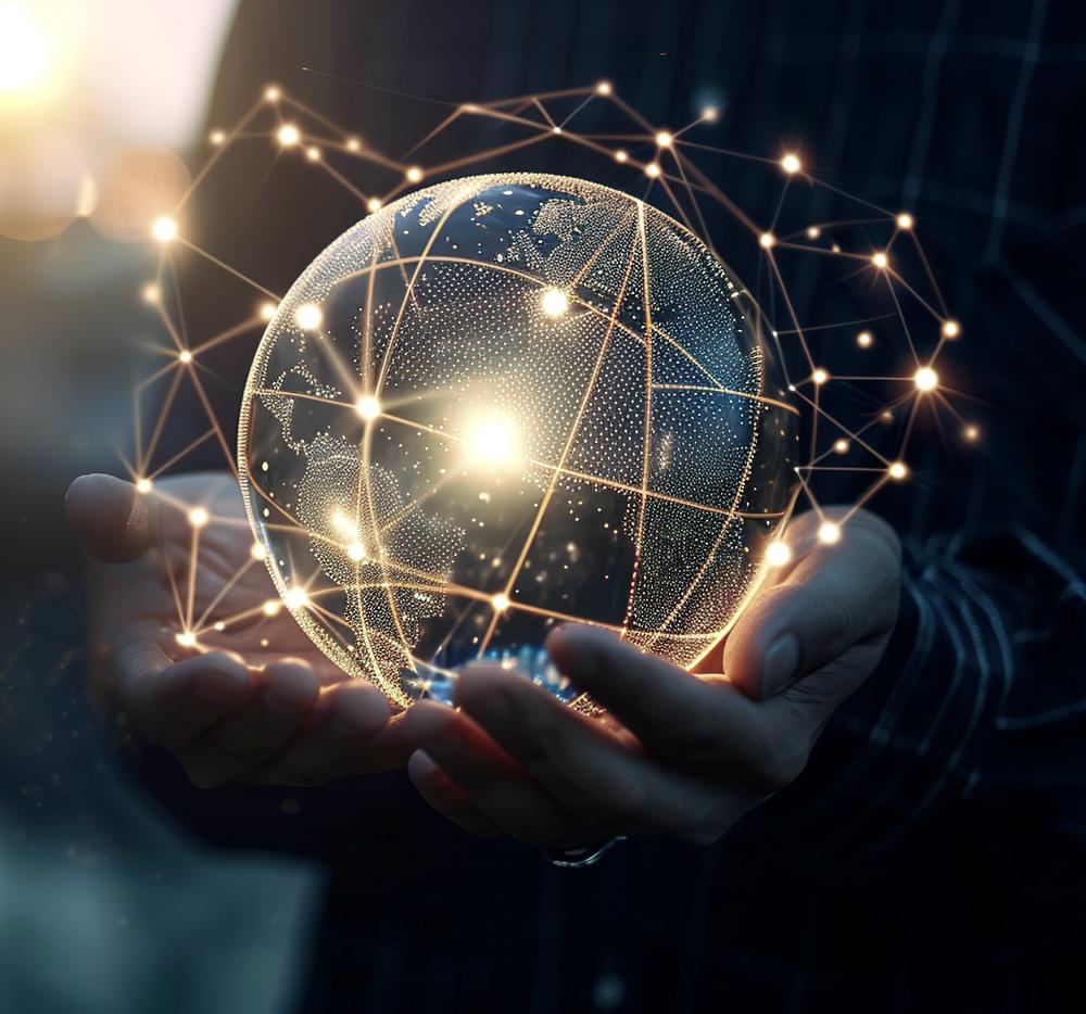 Hands holding a glowing globe wrapped in a network of connected points