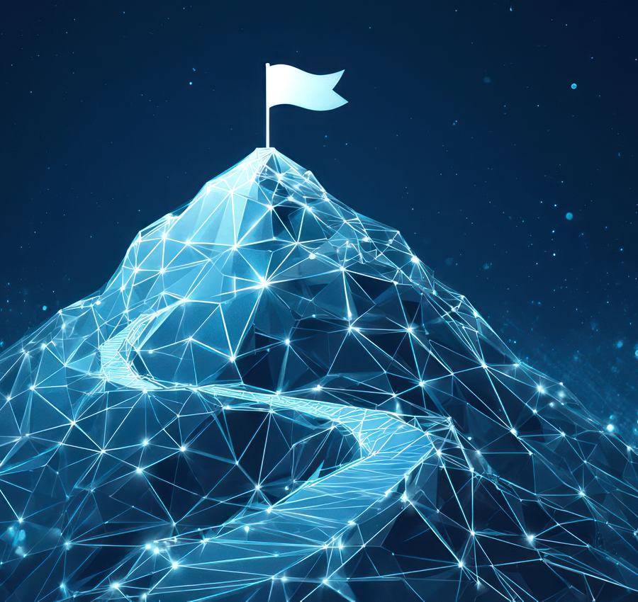 A glowing network mountain with a white flag at its summit