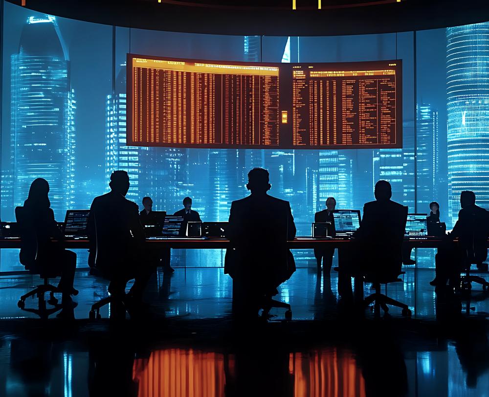 A trading team beneath a live market board